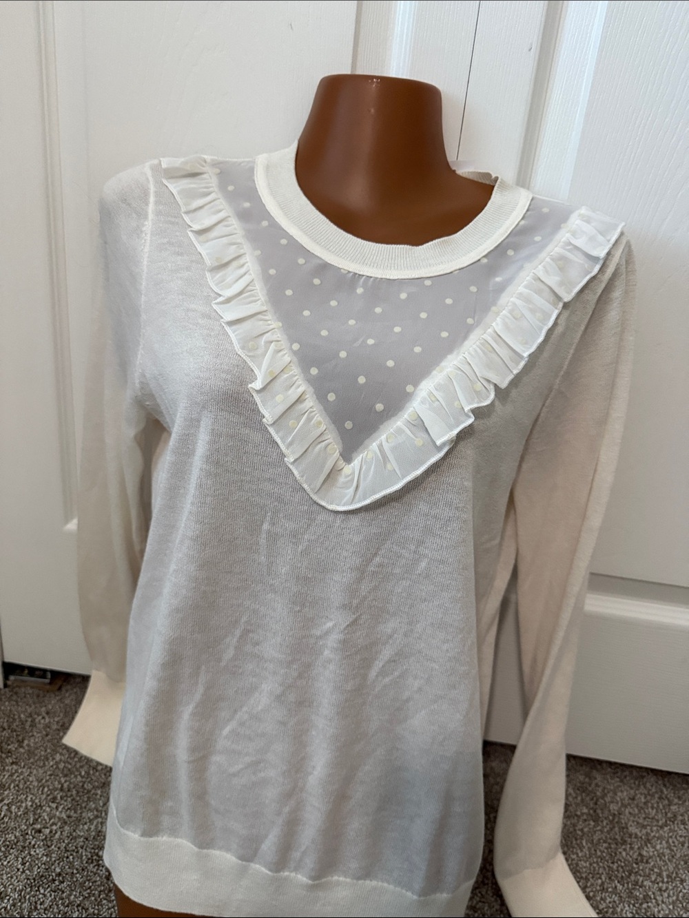 LOFT White Sheer Polka Dot V-Yoke Ruffle Long-Sleeve Top